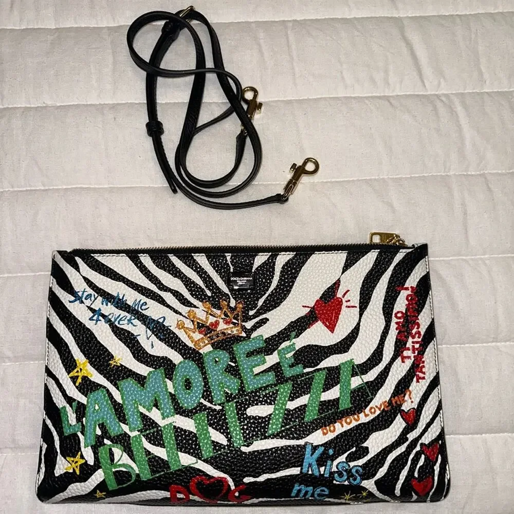 DOLCE & GABBANA Calfskin Zebra Graffiti Print Cleo Crossbody Pouch Multicolor